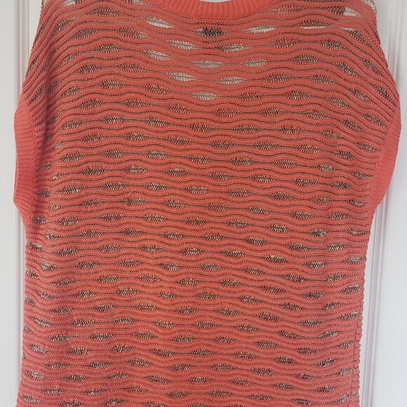 ANN TAYLOR SHORT Cap SLEEVED SWEATER top Metallic Thread Wave Pattern L Orange - Picture 6 of 6